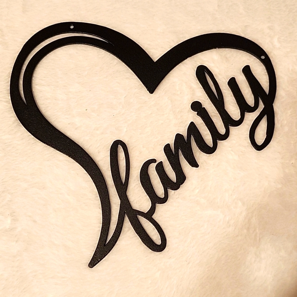 Wall decor, black metal heart with family